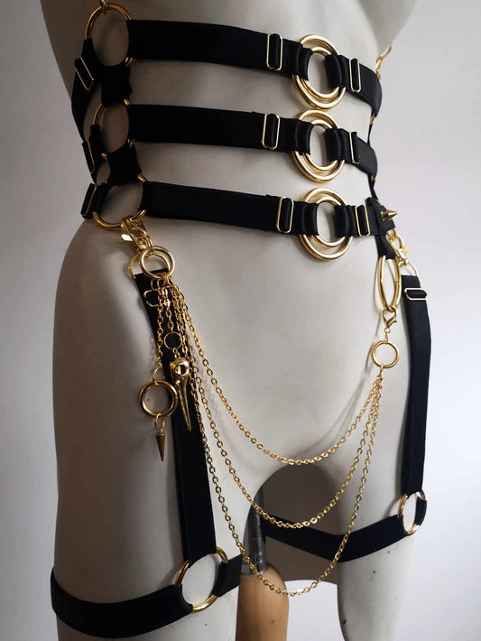 Wide Elastic Cage Harness Set Gold (Triple)