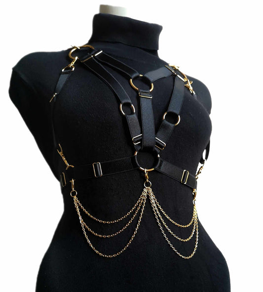 Wide Elastic V-Chest Harness Gold/Silver
